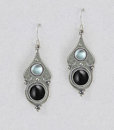 Sterling Silver Black Onyx And Blue Topaz Gemstone Drop Dangle Earrings